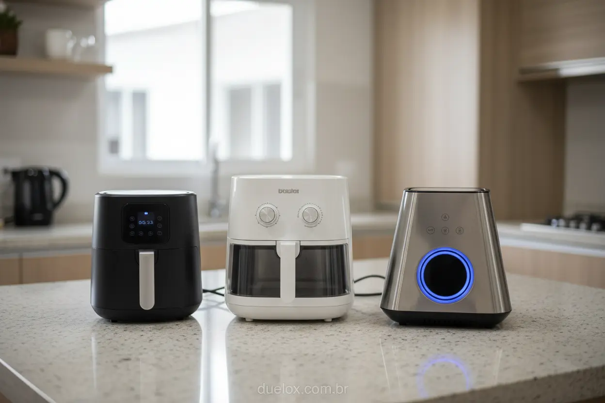 Três air fryers de diferentes marcas em uma bancada
