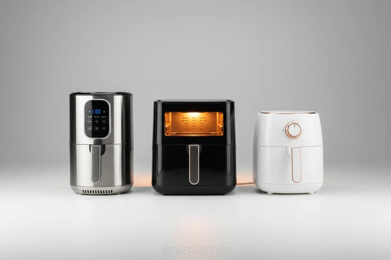 Três air fryers diferentes em exposição, destacando economia e eficiência