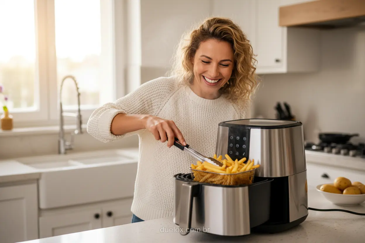 Mulher sorridente com batatas fritas da air fryer