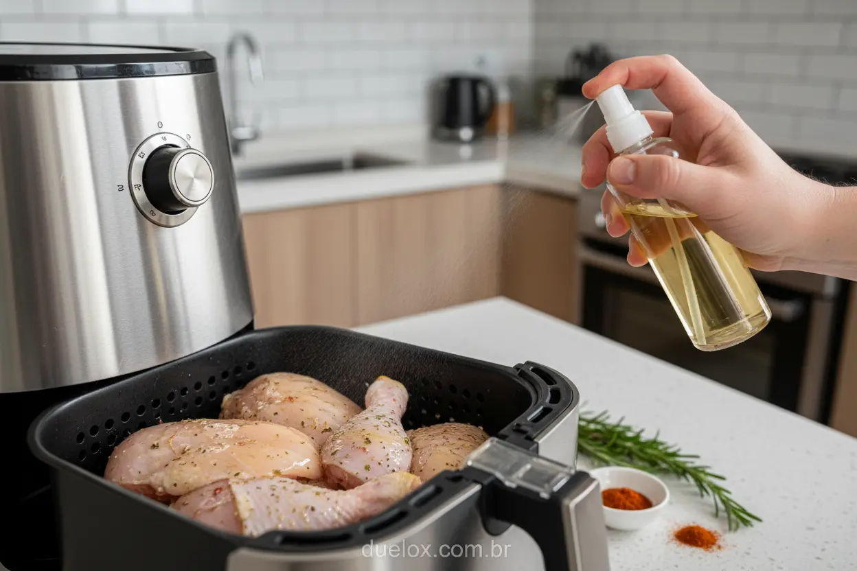 Pedaços de frango recebendo spray de óleo na cesta da Air Fryer, mostrando a aplicação para casos específicos.