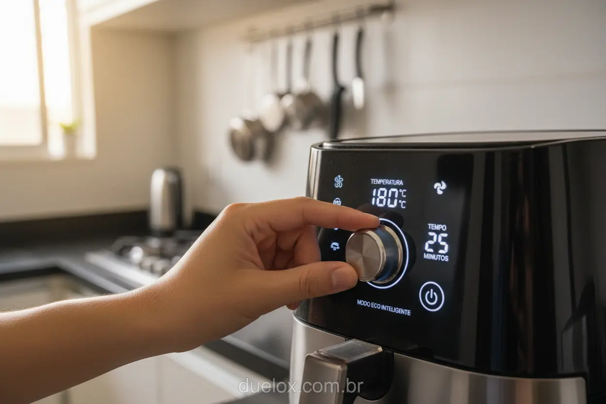 Mão ajustando painel digital de air fryer mais econômica para otimizar uso