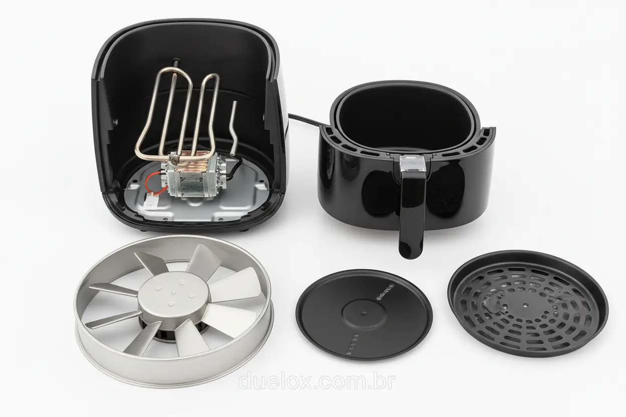 Componentes internos de uma air fryer, incluindo resistência e ventilador.