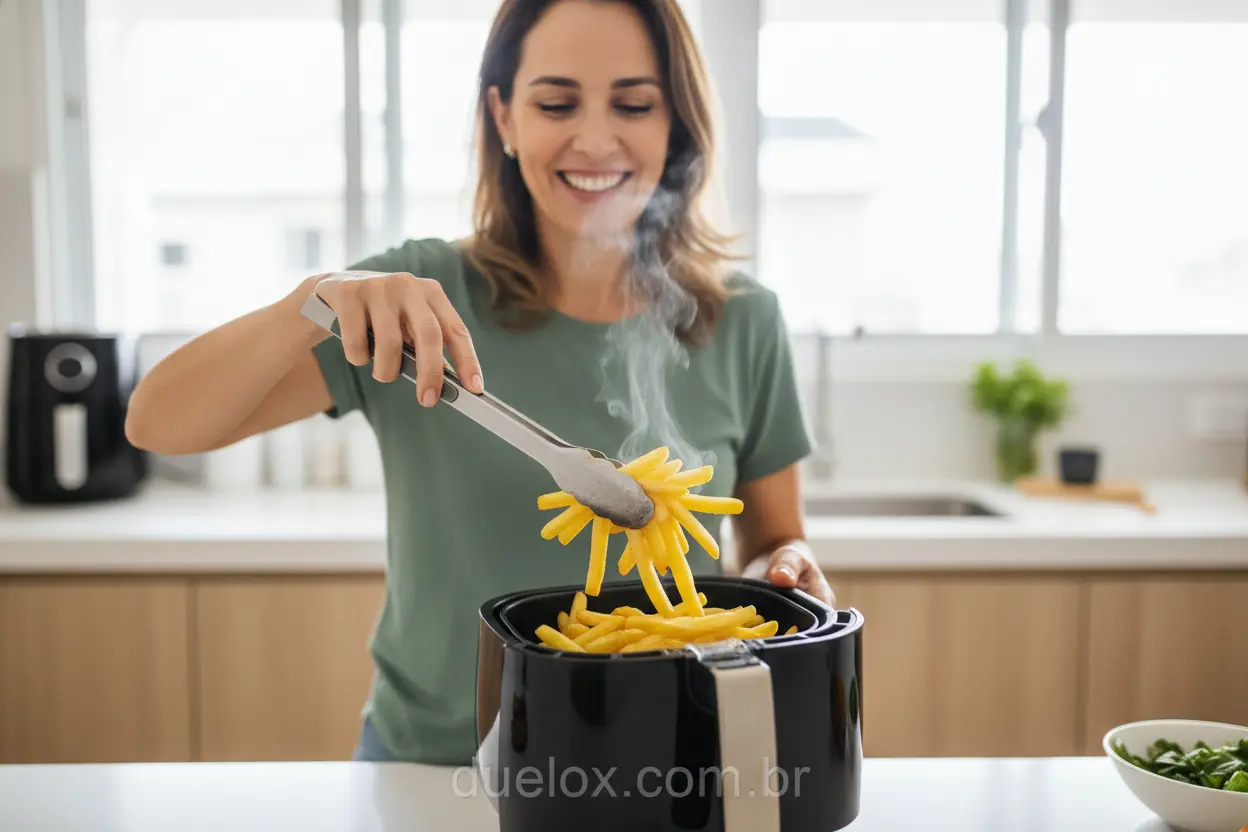 Pessoa sorrindo tirando batatas fritas da air fryer