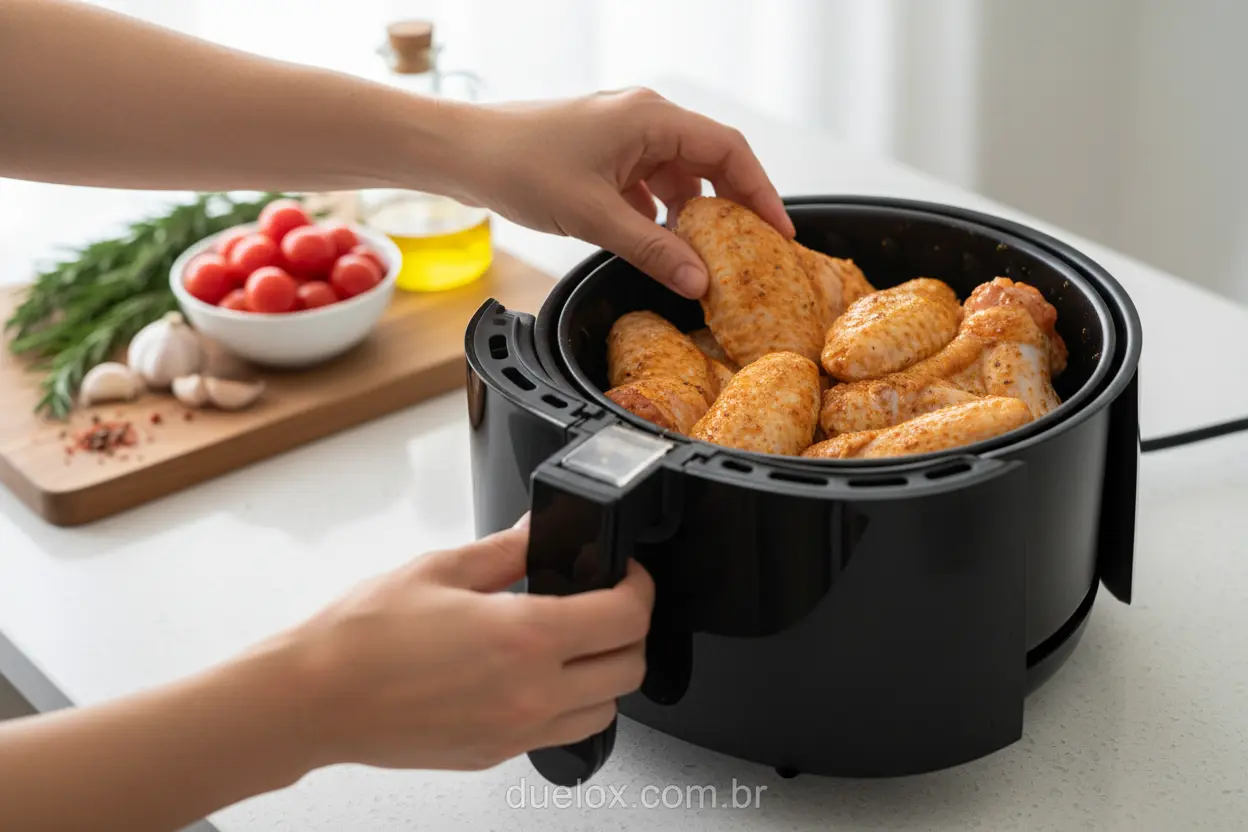 Mãos colocando frango na cesta da air fryer