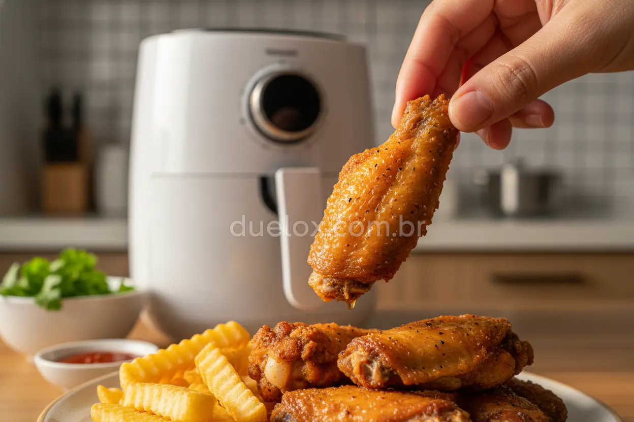 Mão pegando batatas fritas crocantes de uma air fryer barata