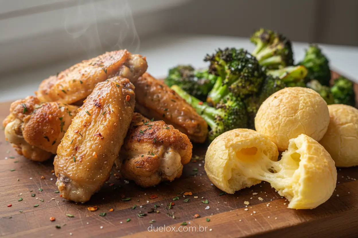 O que fazer na air fryer: Frango, brócolis e pão de queijo