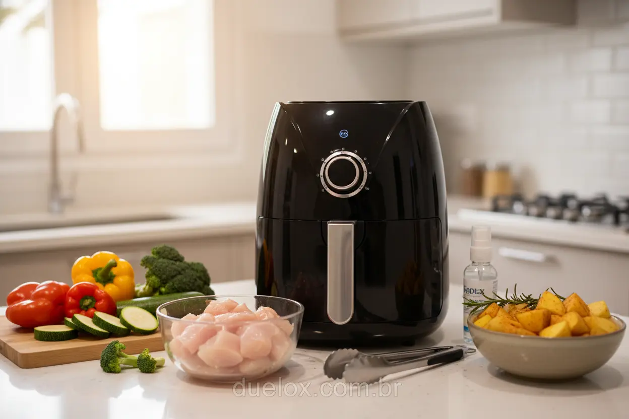 Air fryer com ingredientes frescos para receitas fáceis