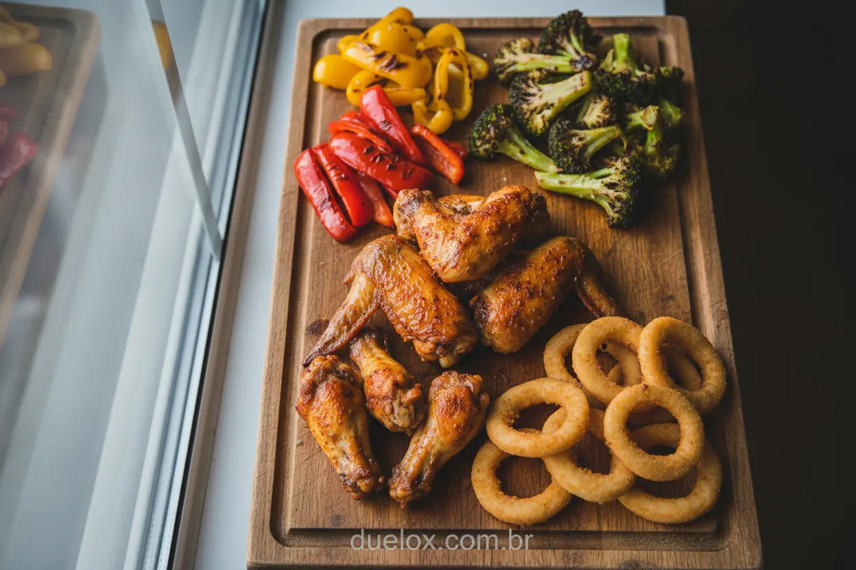 Air fryer como funciona para cozinhar frango, vegetais e anéis de cebola.